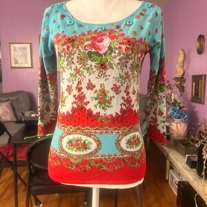 Floral Long Sleeve Blouse in Red and Blue